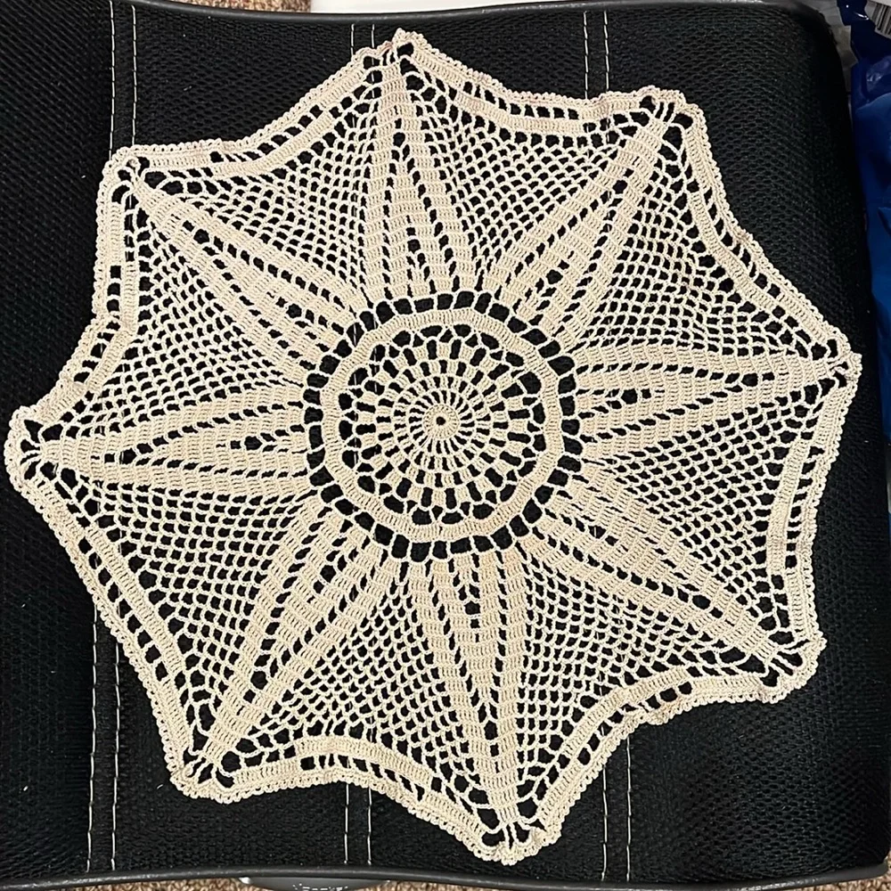 Vintage Handmade Crocheted Cotton Lace Doily 15” octagonal star open weave doily
